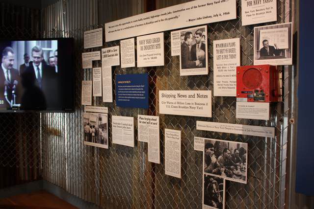 'Reinventing the Yard' creatively uses newspaper clippings and photos to tell the story of the Navy Yard's transformation from WWII until now.
